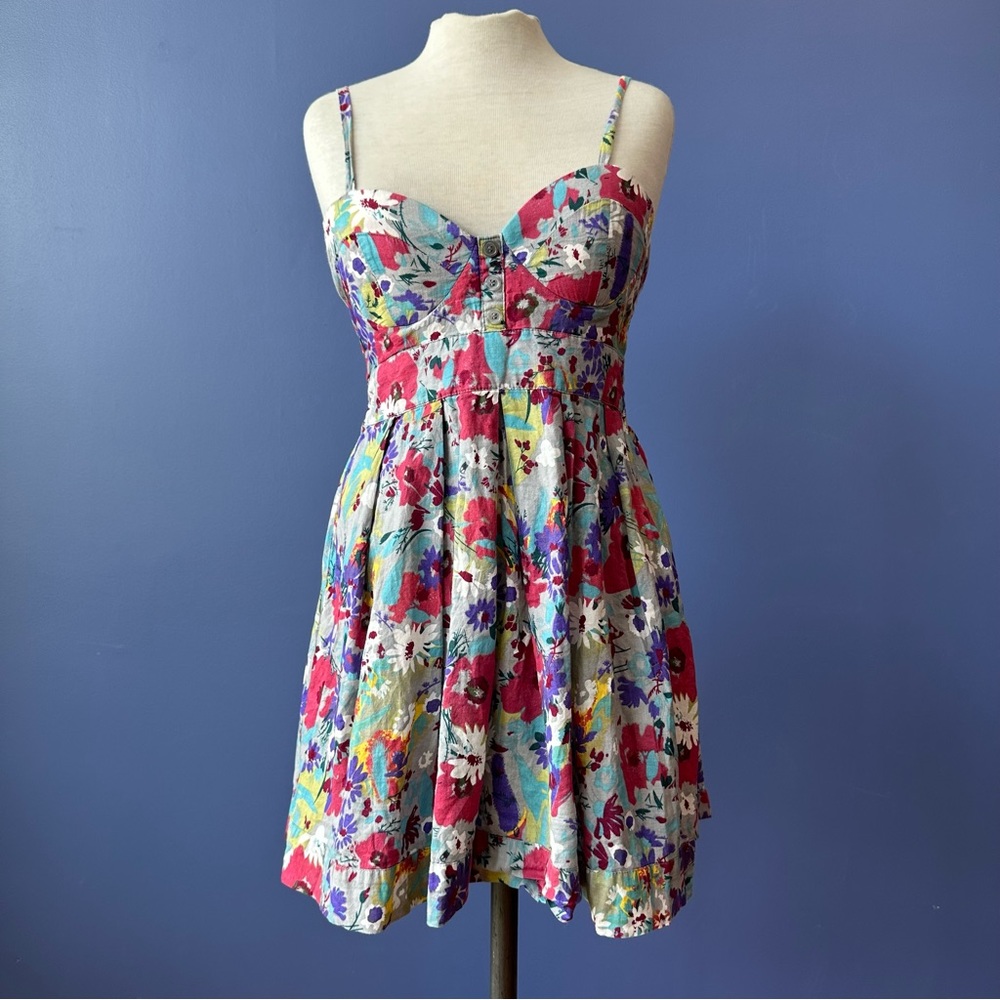 Seduction Cotton Floral Colourful Mini Dress XS Gray Pink Turquoise
